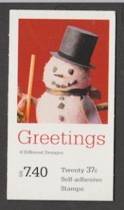 U.S. Scott Scott #3691b-3691d BK293 Greetings Snowman Stamp - Mint NH Booklet