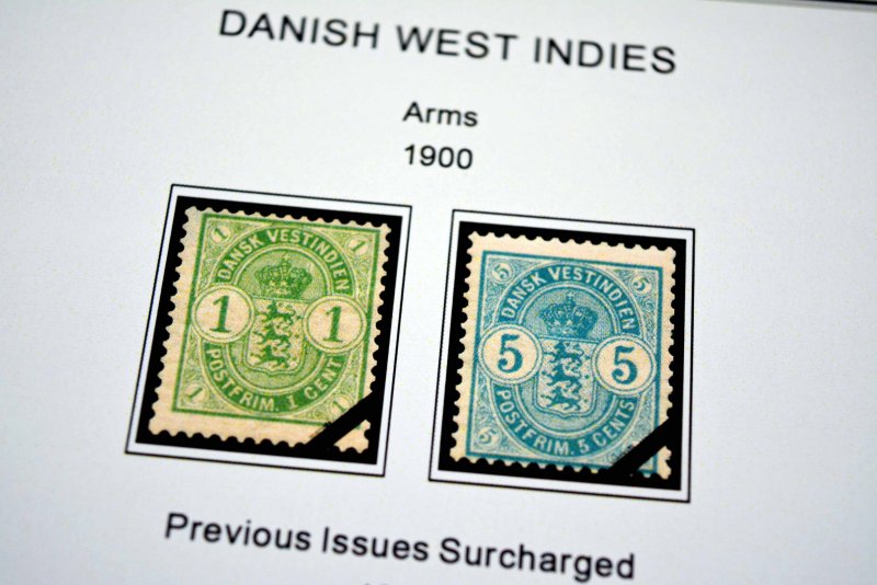 COLOR PRINTED DANISH WEST INDIES 1856-1913 STAMP ALBUM PAGES (5 illustr. pages)