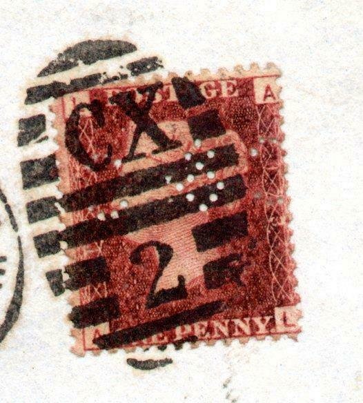 PENNY RED PLATE 173 USED ON COVER WITH 'C&C' (?) PERFIN