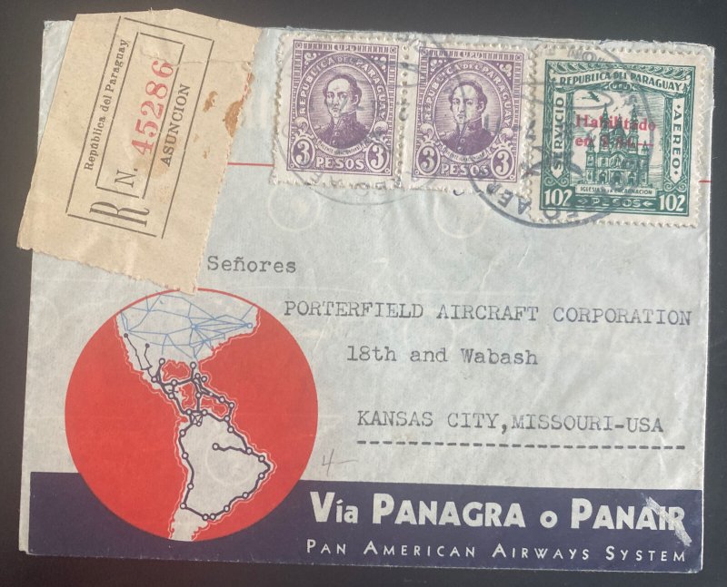 1938 Asuncion Paraguay Airmail Cover To Kansas City MO Usa Via PANAGRA 