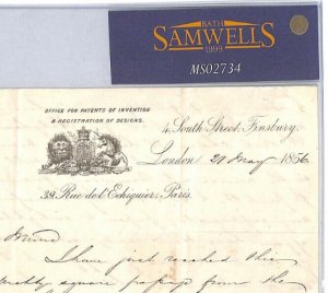 GB HISTORIC LETTER 1856 Cover *Patent Office* BELGIUM Maritime INVENTION MS2734*