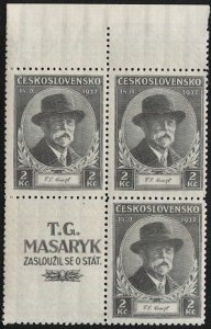 CZECHOSLOVAKIA 1937 Sc 235 Block  MLH VF + Pres. Masaryk Death