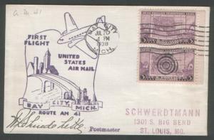 USA 1938 First Flight Bay City Mich. Route AM 41