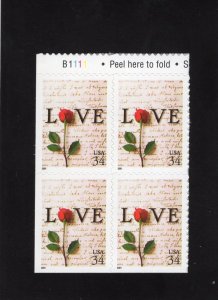 3497 LOVE, MNH blk/4 w/plate #