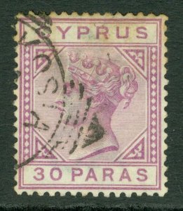 SG 32a Cyprus 1892-94. 30pa mauve, variety damaged 'us'. Fine used CAT £350