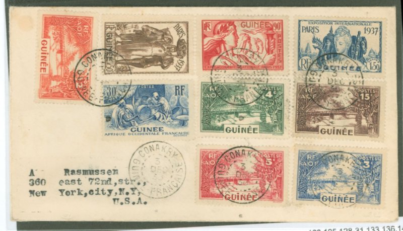 French Guinea 123/125/128-31/133/ 136/146:  1938 Cover, French Guinea-New York, NY (reg).  Conakry-France-NYC.  Envelope opened