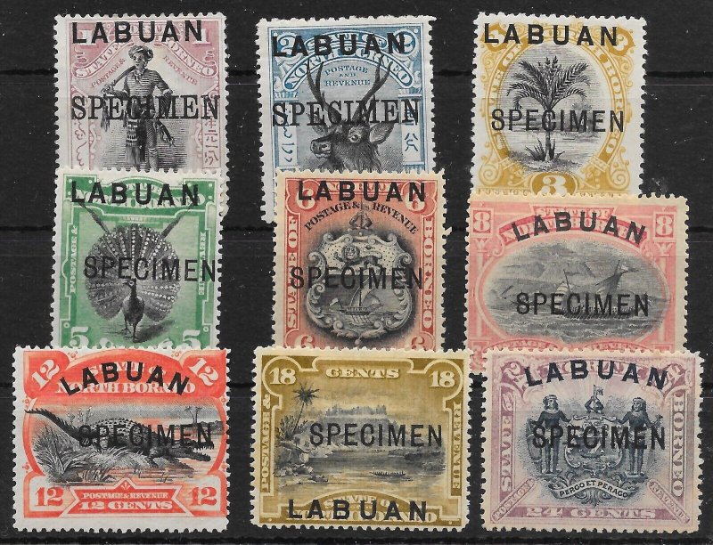 LABUAN SG62s/74s 1894 DEFINITIVE SET OF 9 OVPT SPECIMEN MTD MINT