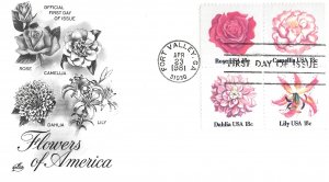 1981 FDC, #1879a, 18c Flowers of America, Art Craft, block of 4