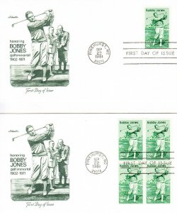 2 Artmaster First Day Covers #1933 Bobby Jones Single & Block of Four Golf 1981