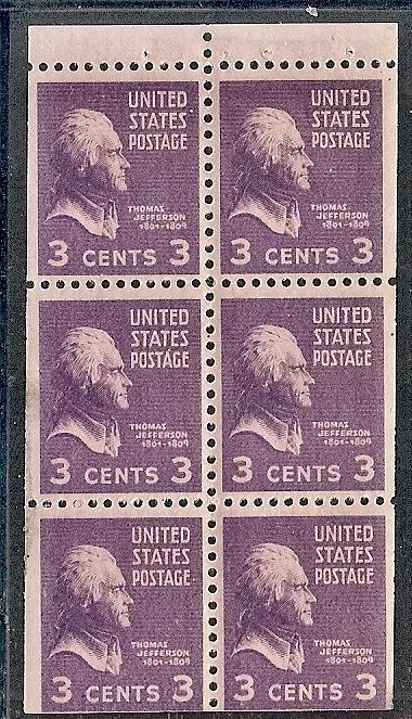 US  807a MNH 1938 3c deep violet JEFFERSON BOOKLET PANE 6