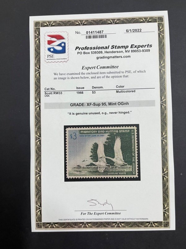 MOMEN: US STAMPS #RW33 DUCK MINT OG NH PSE GRADED CERT XF-SUP 95