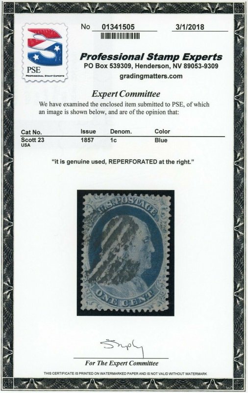 US Stamp #23 Franklin 1c, PSE Cert - Used - CV $700.00 