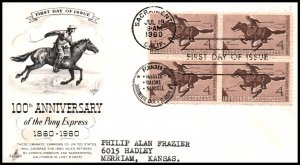 US 1154 Pony Express Block of Four Artcraft Typed FDC