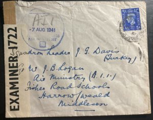 1941 British Troops Mission In Turkey Censored Cover To Air Ministry Harrow