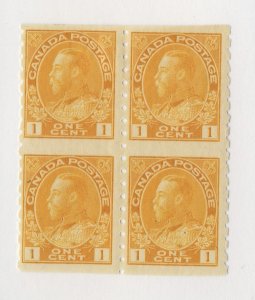 4x Canada WW1 Admiral Stamps;  Block of 4 #126a - 1c  F/VF Guide Value = $90.00