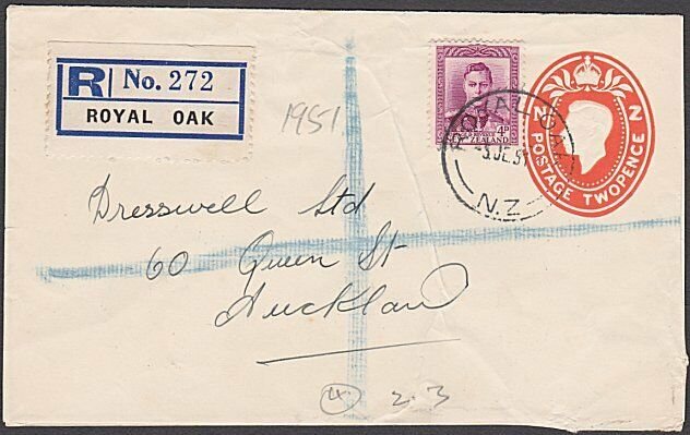 NEW ZEALAND 1951 GVI 2d envelope + 4d registered ex ROYAL OAK...............B596