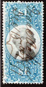 R118 - $1 - Blue and Black - US Second Issue Revenue Stamp, Manuscript Cancel