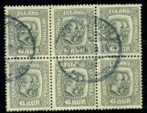 ICELAND #103 6aur Two Kings, Wmk Crosses, Blk of 6, used, Scott as singles $780.