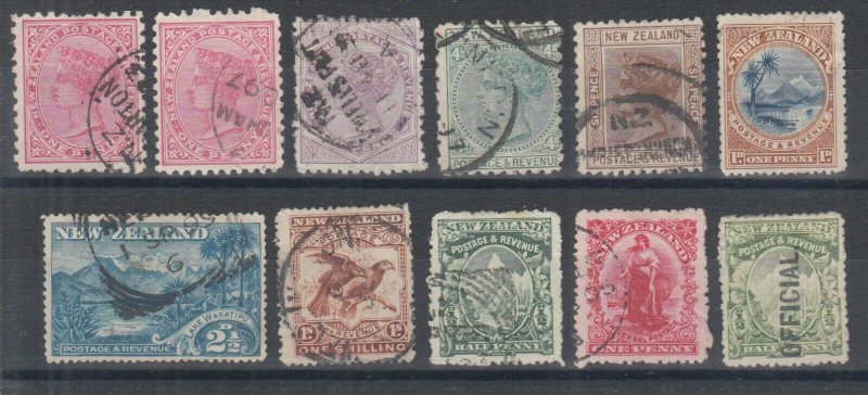 New Zealand Sc 61/O23 used. 1882-1907 issues, 11 diff better singles, F-VF group