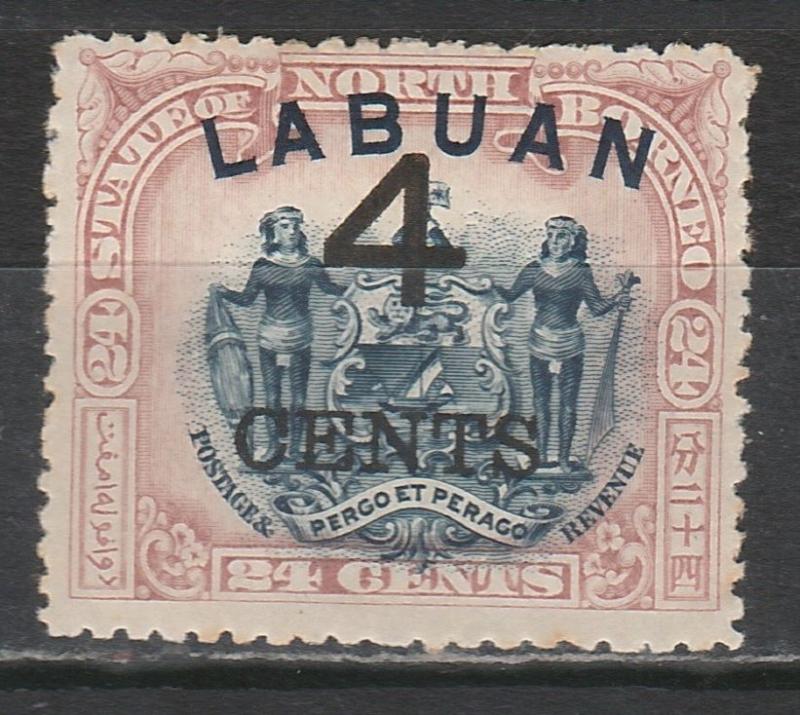 LABUAN 1899 LARGE 4C OVERPRINTED 24C ARMS PERF 13.5 -14