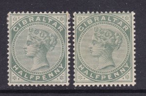 Gibraltar Scott 8-9, 1887-97 QV 1/2 d, F/VF MLH. Scott $34