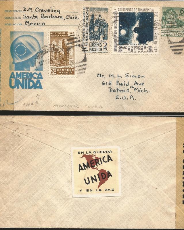 J) 1942 MEXICO, IN THE WAR UNITED AMERICA AND IN PEACE, POSTAL STATIONARY, IV CE