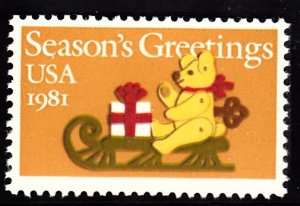 U.S.#1940 Season's Greetings Christmas Bear on Sled 20c (1981) Single, MNH.