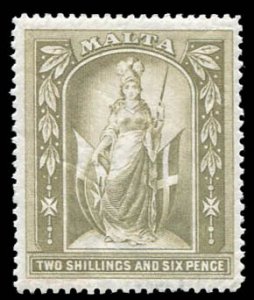 Malta #17 Cat$47.50, 1899 2sh6p olive gray, lightly hinged