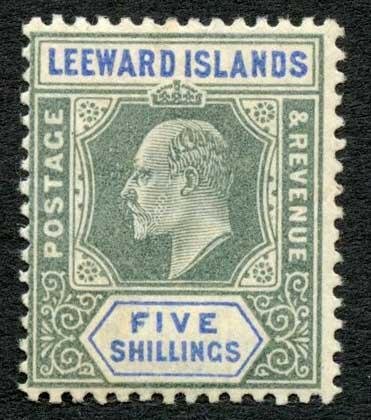 Leeward Islands 1902 5s green and blue wmk Crown CA SG28 VFM cat 65 pounds 