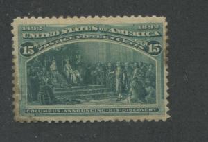 1893 US Stamp #238 15c Mint Hinged F/VF Original Gum Catalogue Value $200