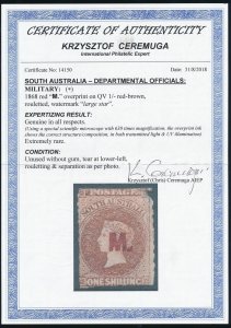 SOUTH AUSTRALIA Military 'M.' red QV 1/-, rouletted. Extremely rare. Certificate