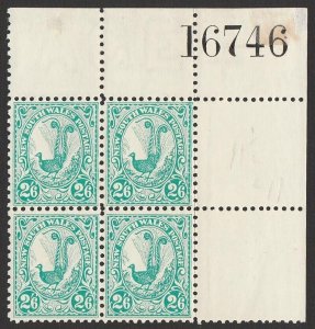 NEW SOUTH WALES 1905 Lyrebird 2/6 block with sheet no. MNH **. SG 349a cat £640+