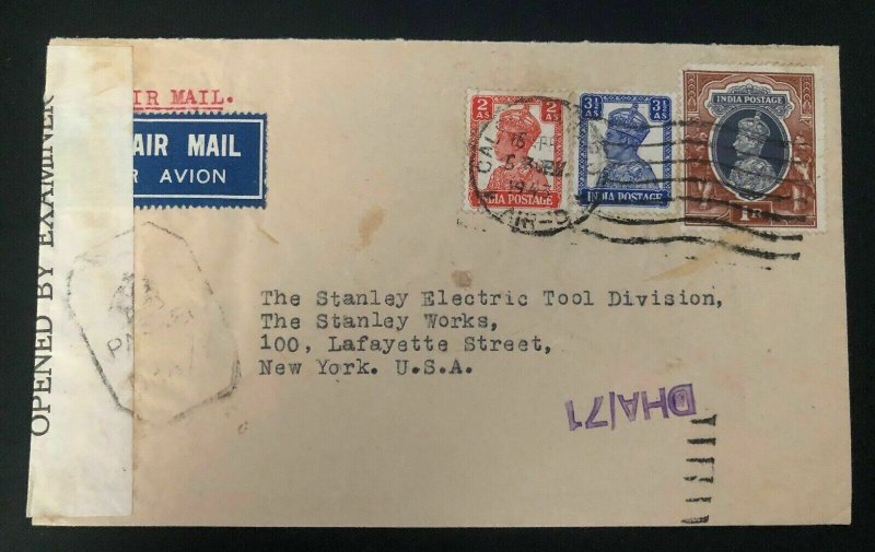 1943 Calcutta India Airmail Censored Cover To Stanley Tool New York Usa