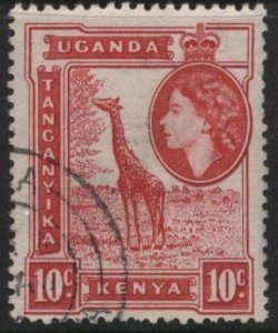 Kenya (KUT) 104 (used, pen cancel) 10c giraffe, Eliz. II, carmine (1954)