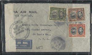 GRENADA (P28GRE08BB)  KGVI 1941 COVER  2D+3D+1/-  CENSOR VIA TRINIDAD TO USA A/M 