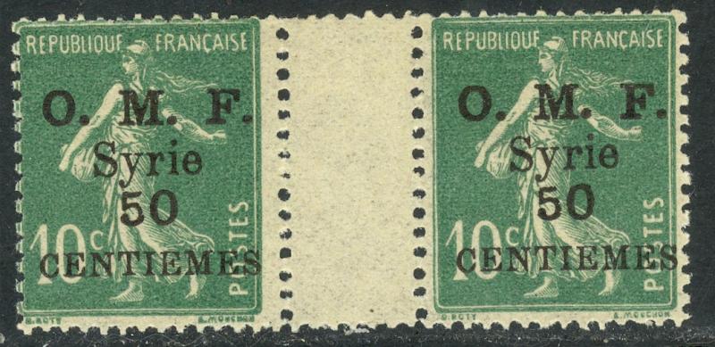 SYRIA FRENCH OCCUPATION 1920-23 50c on 10c OMF Gutter Pair Sc 61var MNH