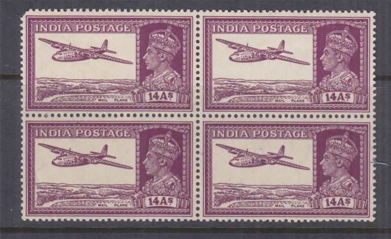 INDIA, 1940 KGVI 14a. Purple, block of 4, ,mnh./lhm.