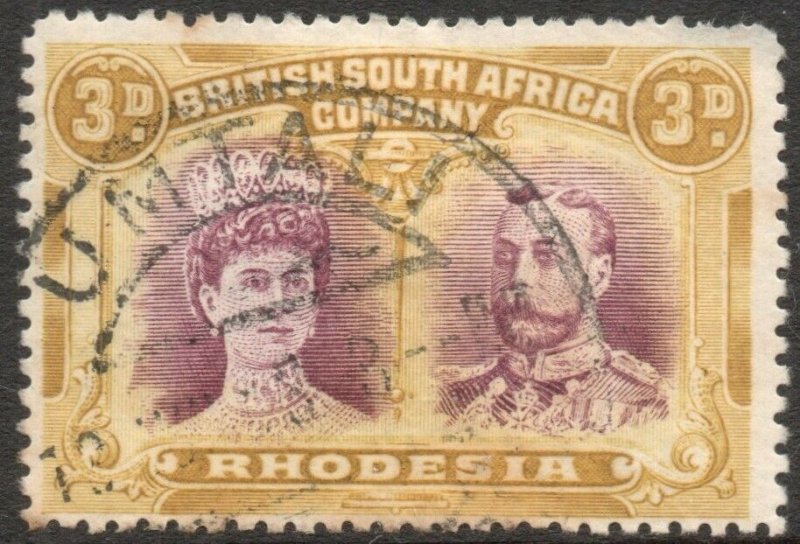 RHODESIA-1910-13 3d Purple & Yellow-Ochre Sg 135 GOOD USED V43853