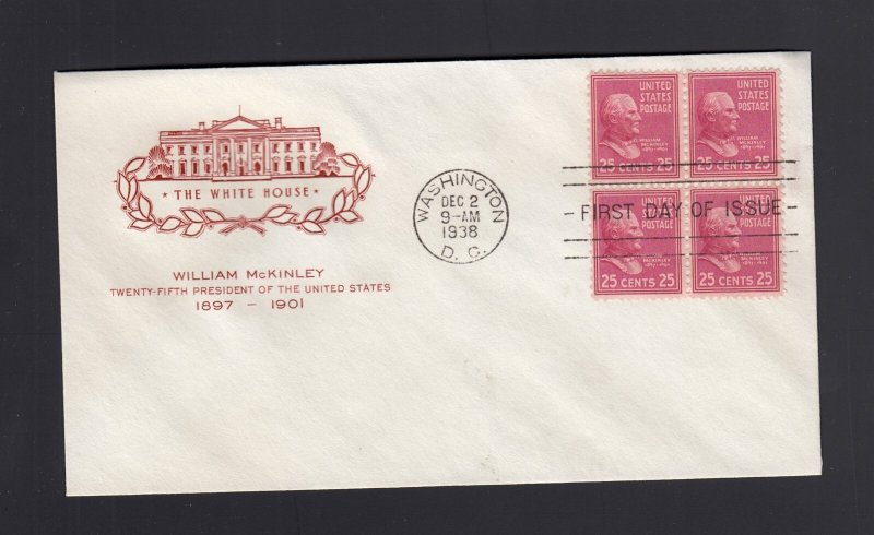 FDC: #829 1938 25c McKinley PREXY = FARNAM Cachet - Block