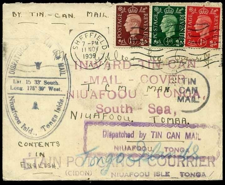 Tin Can Mail 1939 KGVI Sheffield to Niuafoou Isle Tonga