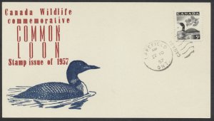 1957 Canada FDC #369 5c Loon Wildlife Sanders Cachet on Card Lakefield ONT