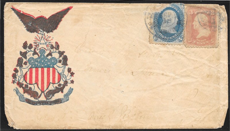 63 & 65 on Patriotic Cover, Sept. 18, 1862 CDS, Free Insured Shipping
