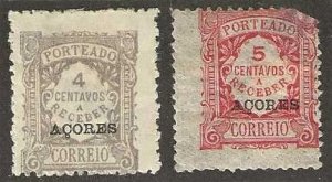 Azores J19-J20, mhr.  both stamps: large thins, J20 : corner fault. 1918. (a779)