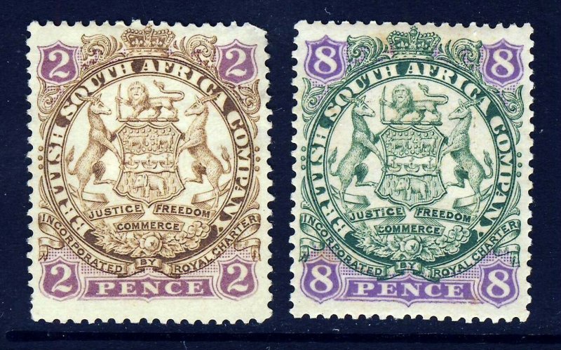 RHODESIA 1897 Arms 2d & 8d Lion Part Shaded Scroll Behind Leg SG 30 & SG 34 MINT