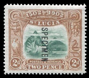 St. Lucia #49S Cat$70, 1902 2p brown and green, overprinted Specimen, lightly...