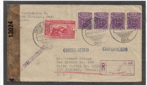 Union Hidalgo, Mexico to Rio de Janeiro 1943 Regis. Canal Zone cens. (C5222)