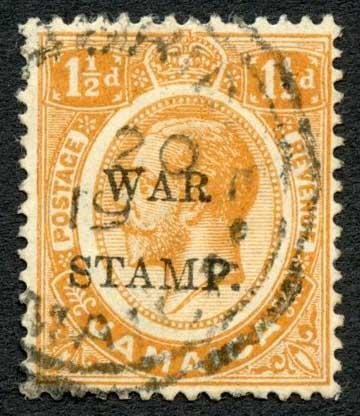 Jamaica SG74b 1 1/2d War Stamp Stop inserted by hand and P doubled 