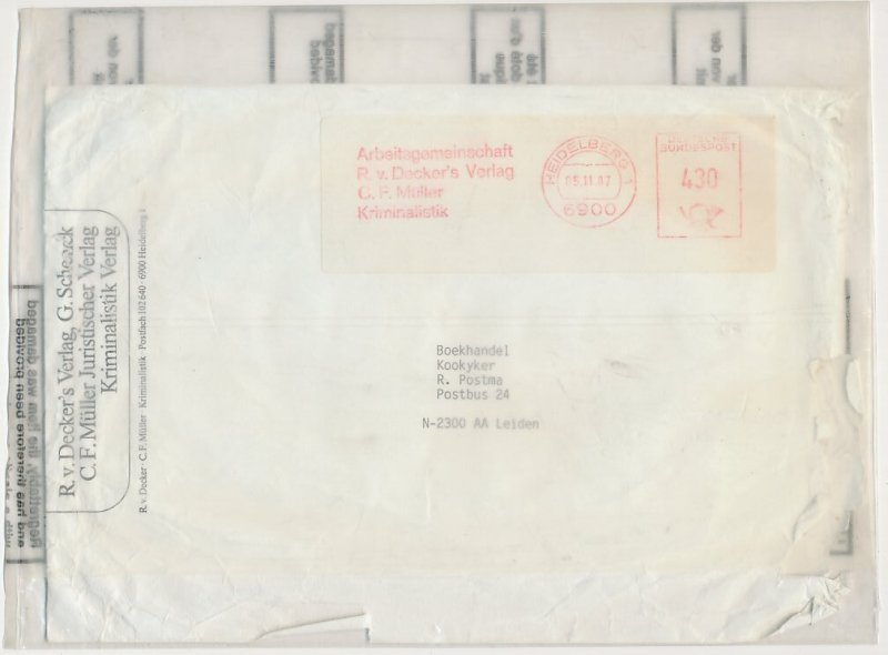 Damaged mail cover Germany - Netherlands 1987 Damaged - Plastic wrapper provided