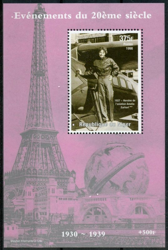 Niger Aviation Stamps 1998 MNH 20 Century Events Amelia Earhart Eiffel 1v S/S
