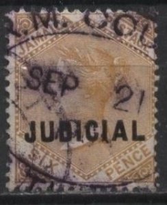 Jamaica revenue (used) 6p Victoria, org yel, ovptd “JUDICIAL” (1908)